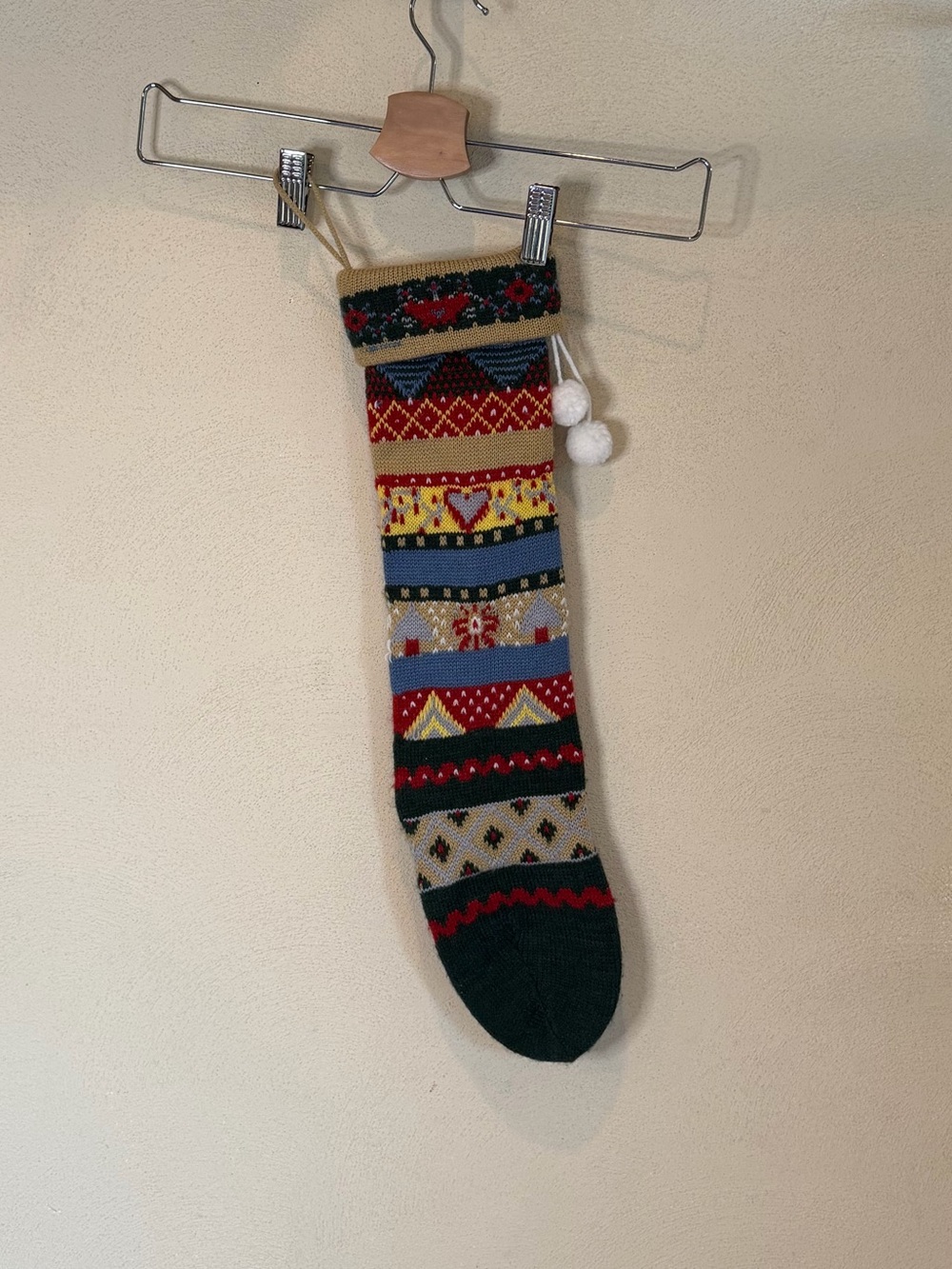 Vintage Multicolor Knit Christmas Stocking with Pom Poms